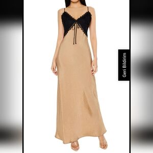 Chic Black and Tan Maxi Dress With Lace Necklines and Tie